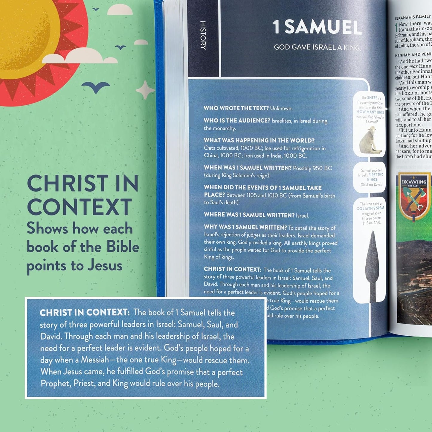 KJV Explorer Bible for Kids – Royal Blue LeatherTouch (Full-Color Study Edition). Open Bible with '1 Samuel' chapter showing text and illustrations on a green background