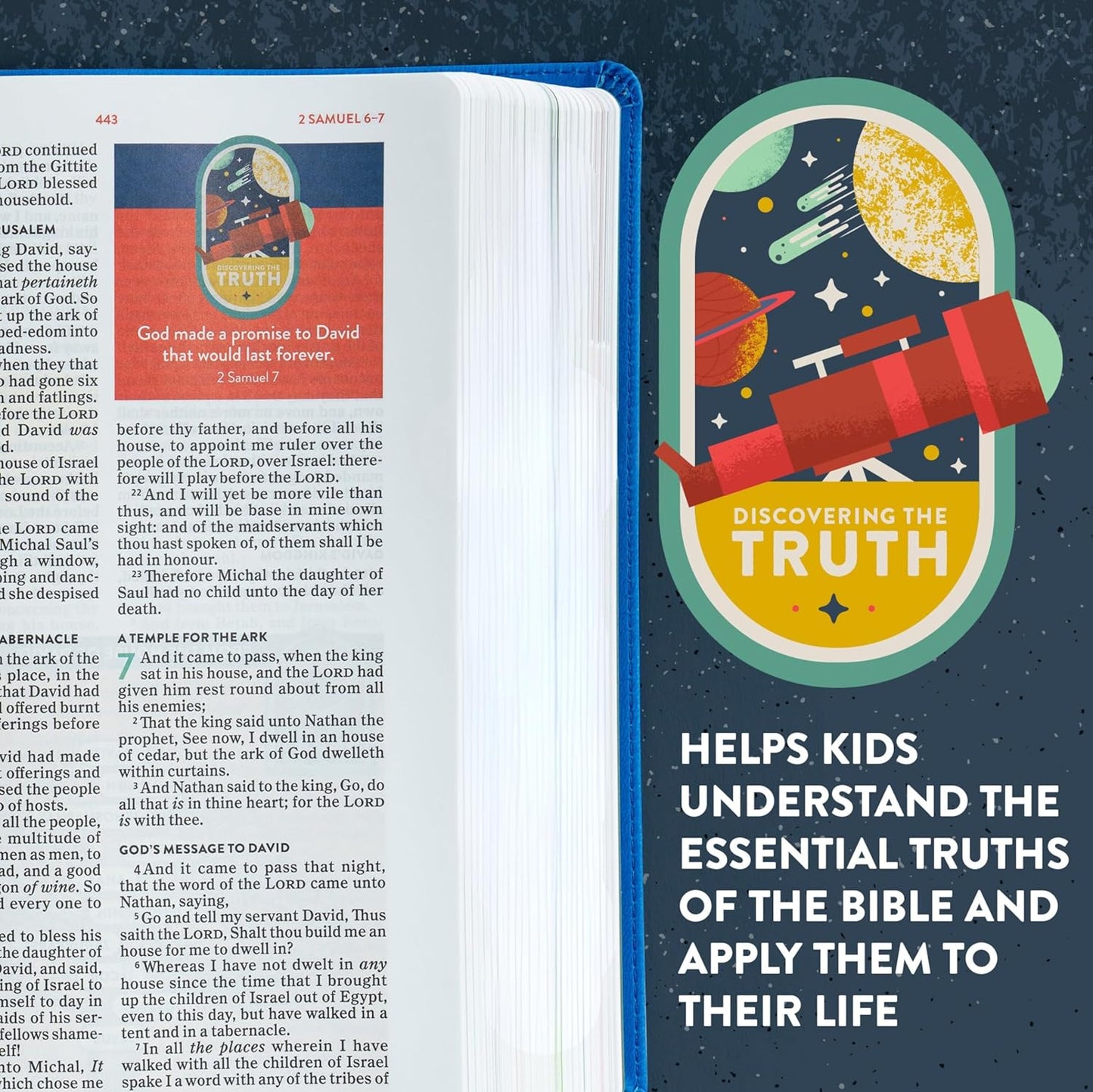 KJV Explorer Bible for Kids – Royal Blue LeatherTouch (Full-Color Study Edition). Open Bible with a space-themed illustration and text on a blue background