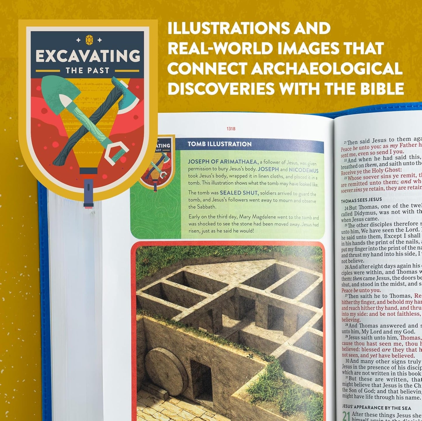 KJV Explorer Bible for Kids – Royal Blue LeatherTouch (Full-Color Study Edition). Book Bible to a page about archaeological discoveries connected to the Bible, with illustrations