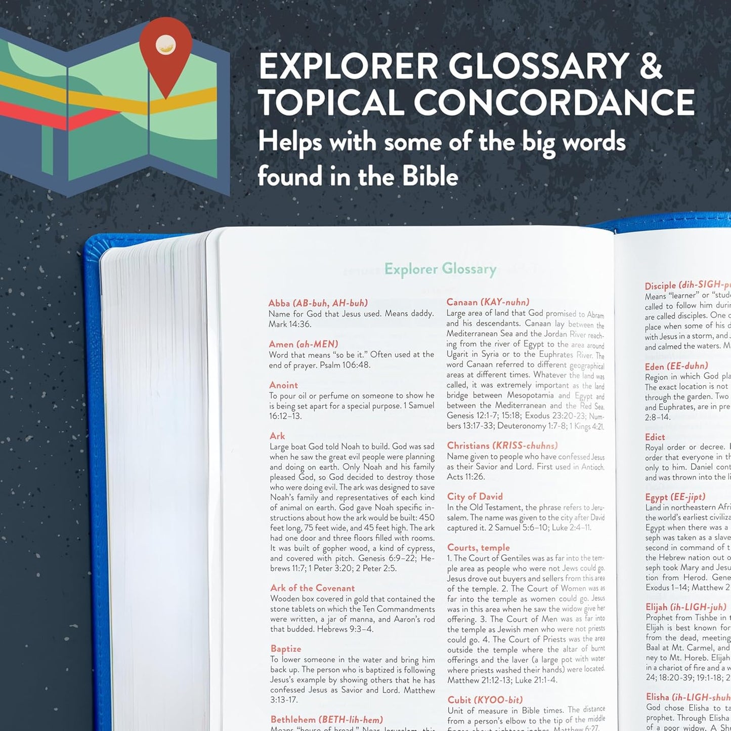 KJV Explorer Bible for Kids – Royal Blue LeatherTouch (Full-Color Study Edition). Explorer Glossary & Topical Concordance in a book with a map graphic on a dark background