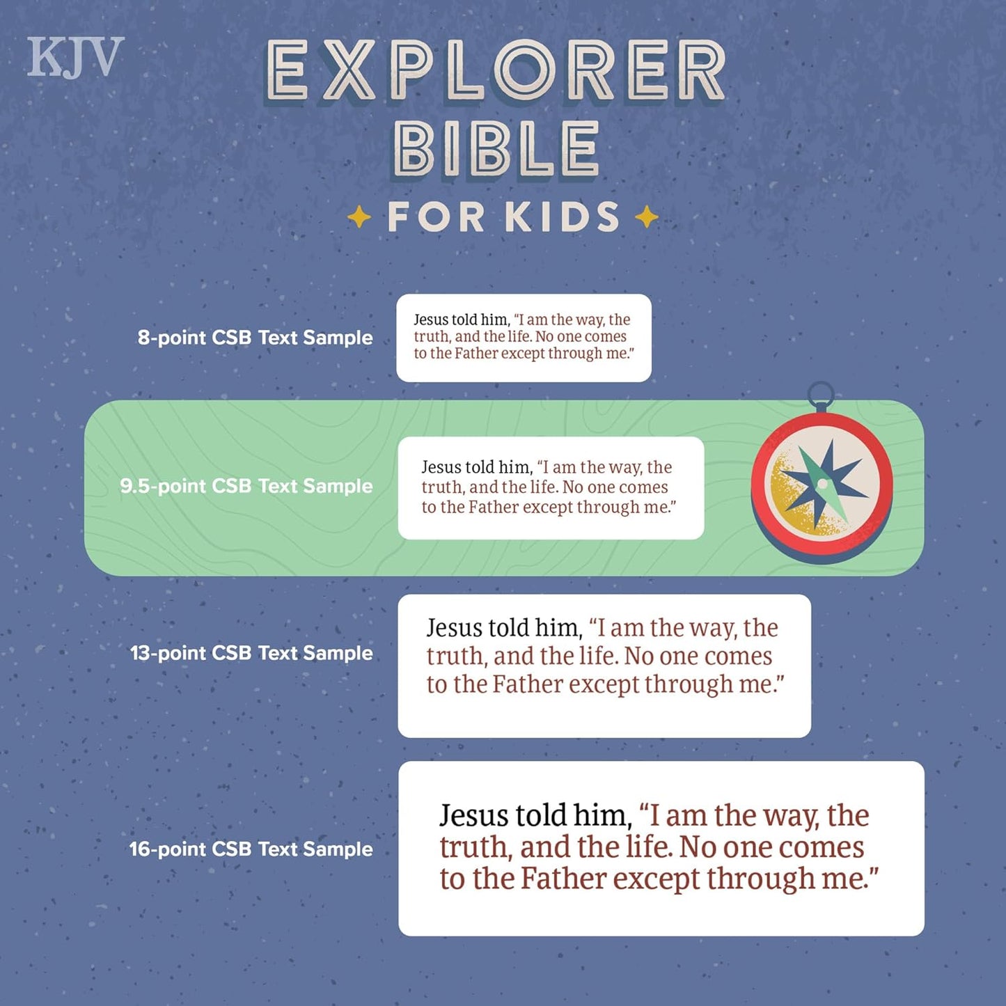KJV Explorer Bible for Kids – Royal Blue LeatherTouch (Full-Color Study Edition). KJV Explorer Bible for Kids text sample comparison on a blue background