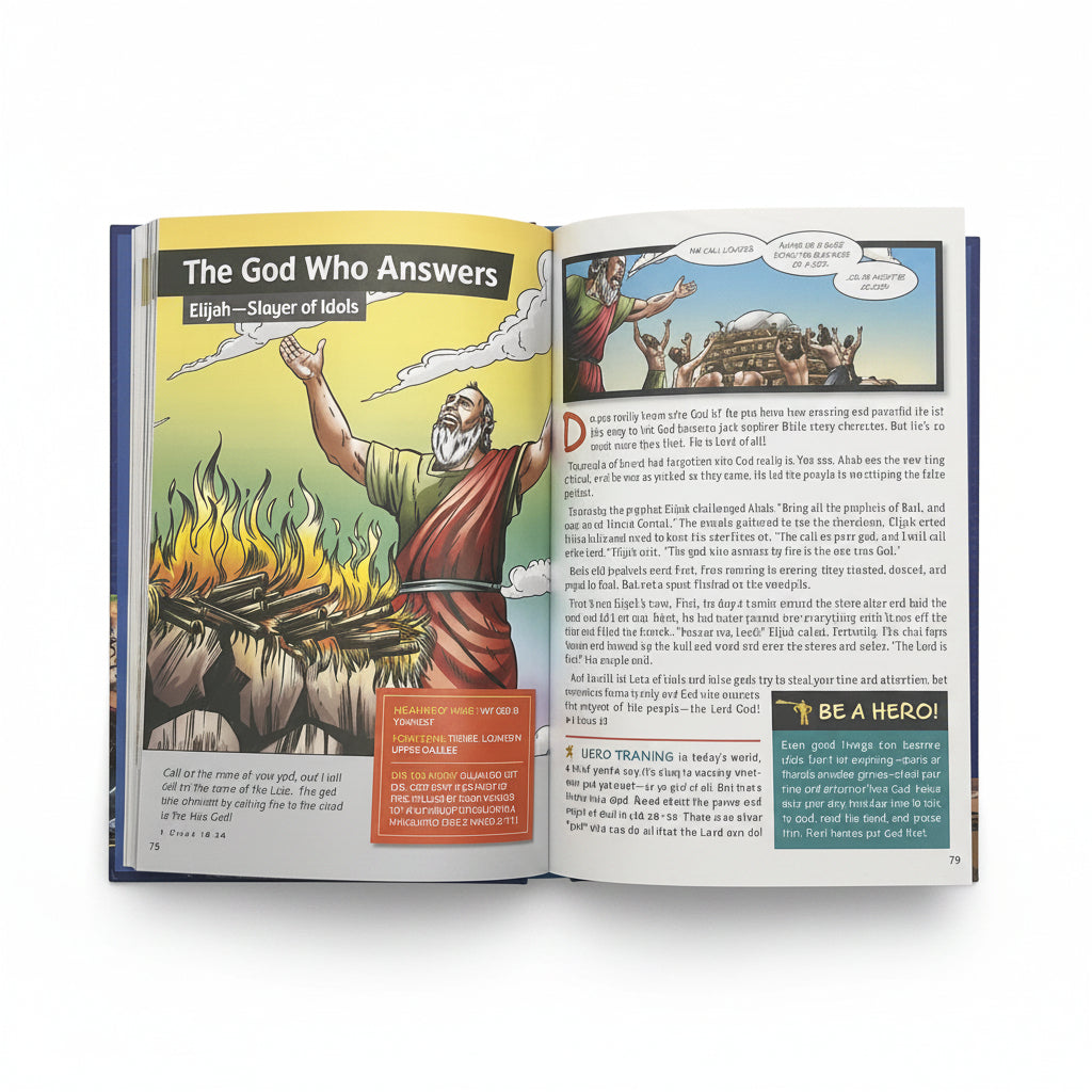 BibleForce Duo Bundle – Heroes Bible + Devotional | Christian Gift Set for Kids. Second interior view of the BibleForce Duo Bundle – illustrated devotional pages from The First Heroes Devotional for kids ages 6–12 – Tyndale House