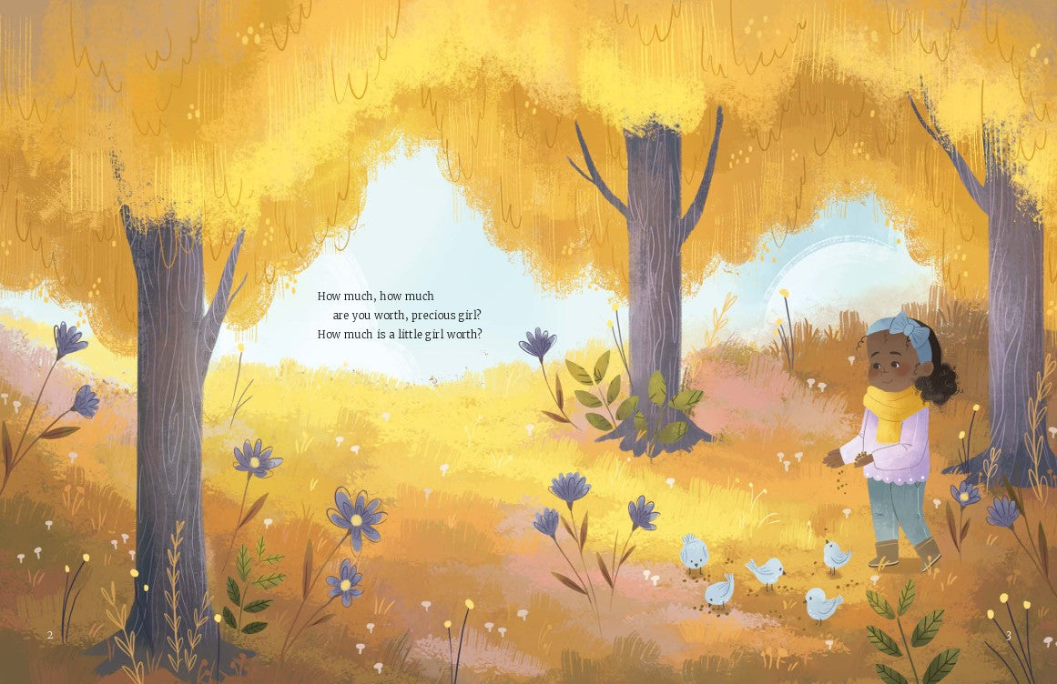 How Much Is a Little Girl Worth? | Christian Picture Book on God’s Love & Identity for Girls. Illustration of a child in a forest with trees and flowers, featuring text.