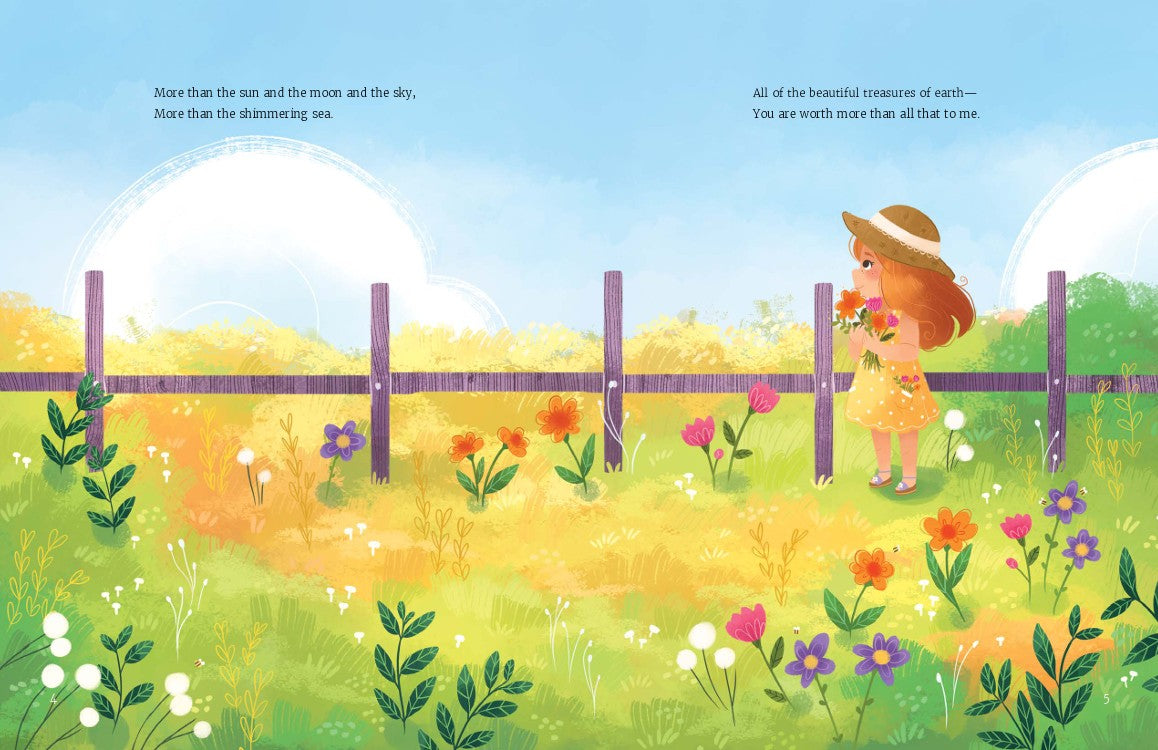 How Much Is a Little Girl Worth? | Christian Picture Book on God’s Love & Identity for Girls. Illustration of a girl standing by a fence with flowers, surrounded by nature.