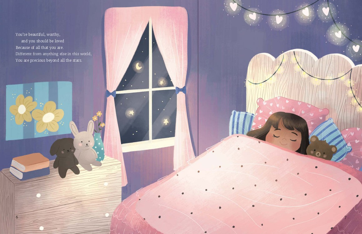 How Much Is a Little Girl Worth? | Christian Picture Book on God’s Love & Identity for Girls. Illustration of a child sleeping in a bed with stuffed animals, under string lights, in a room with a window showing stars.
