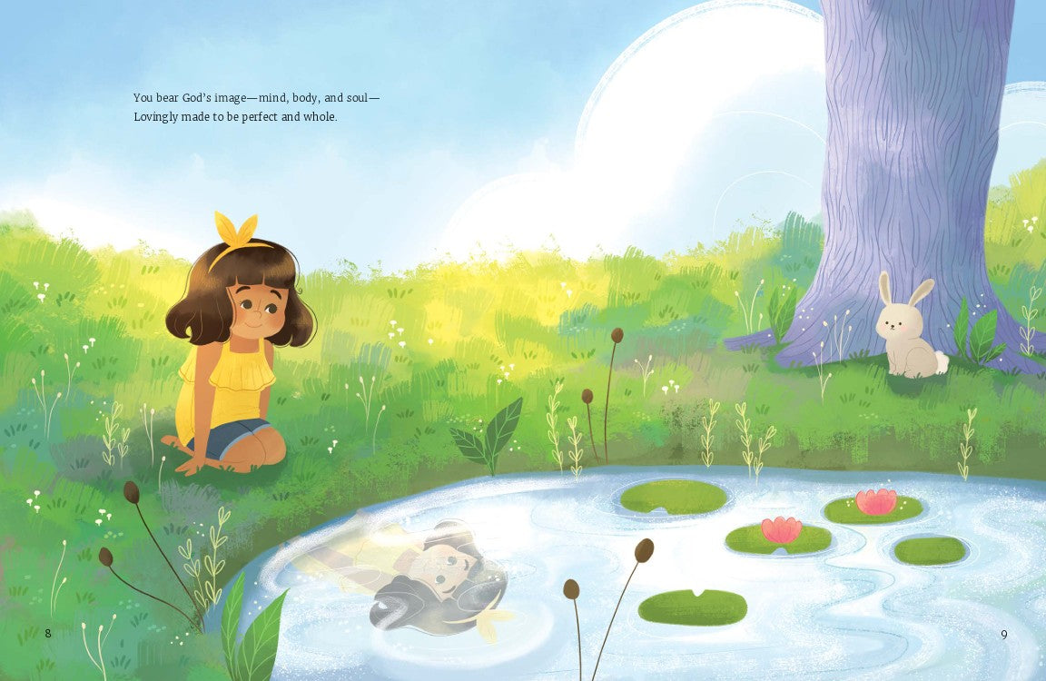 How Much Is a Little Girl Worth? | Christian Picture Book on God’s Love & Identity for Girls. Illustration of a child by a pond with a fairy and rabbit, under a blue sky.