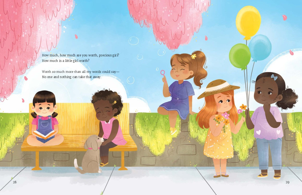 How Much Is a Little Girl Worth? | Christian Picture Book on God’s Love & Identity for Girls. Illustration of children and a dog in a park with balloons and cherry blossoms.