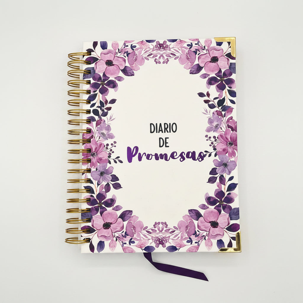 God Words – Study & Learn the Words of God | Bible Study Combo Set. Purple floral Diario de Promesas journal from the God Words Combo Set – Spanish Christian devotional journal included in Bible study combo for adults and teens