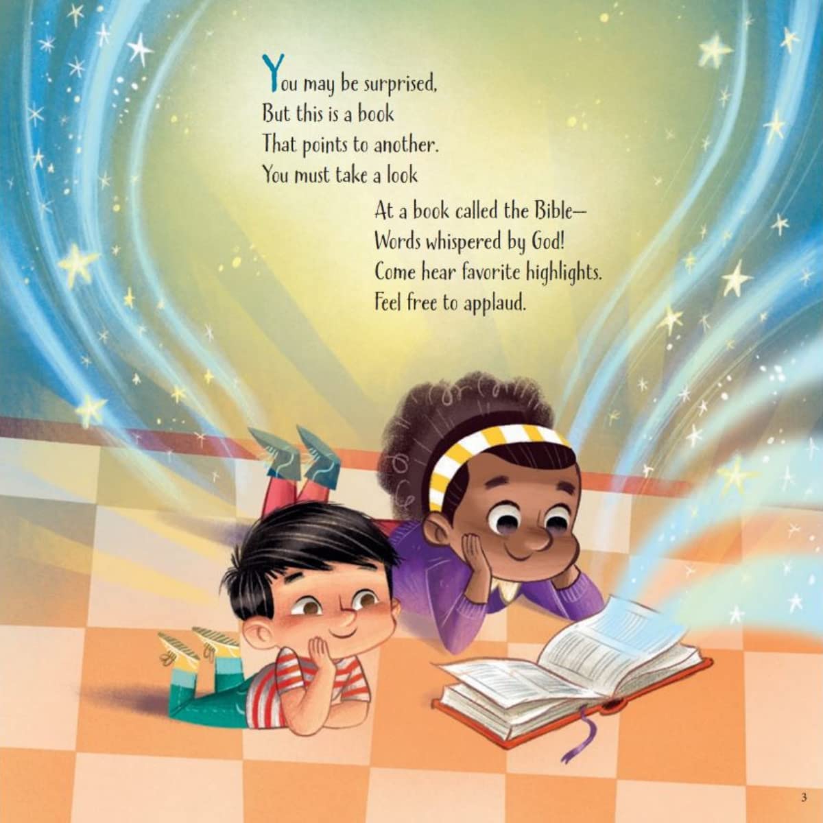 The Greatest Book Ever – Children’s Bible Storybook Hardcover | Ages 4–8. Illustration of two children reading a book with a magical glow on a checkered floor.