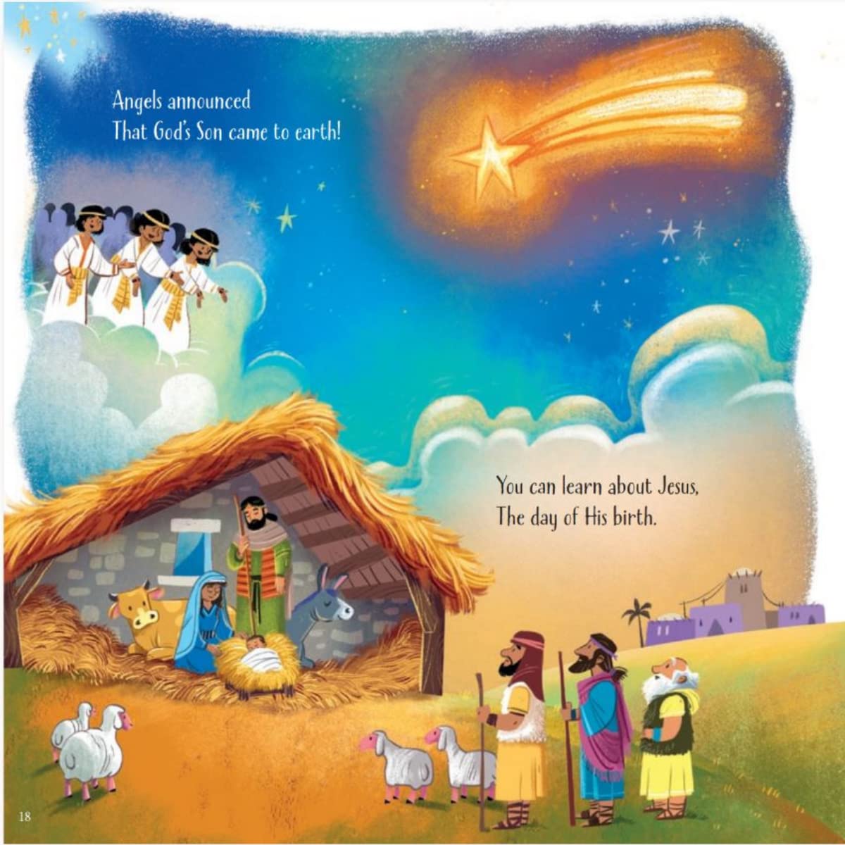The Greatest Book Ever – Children’s Bible Storybook Hardcover | Ages 4–8. Illustration of a nativity scene with shepherds and a star in the sky, likely from a children's book.