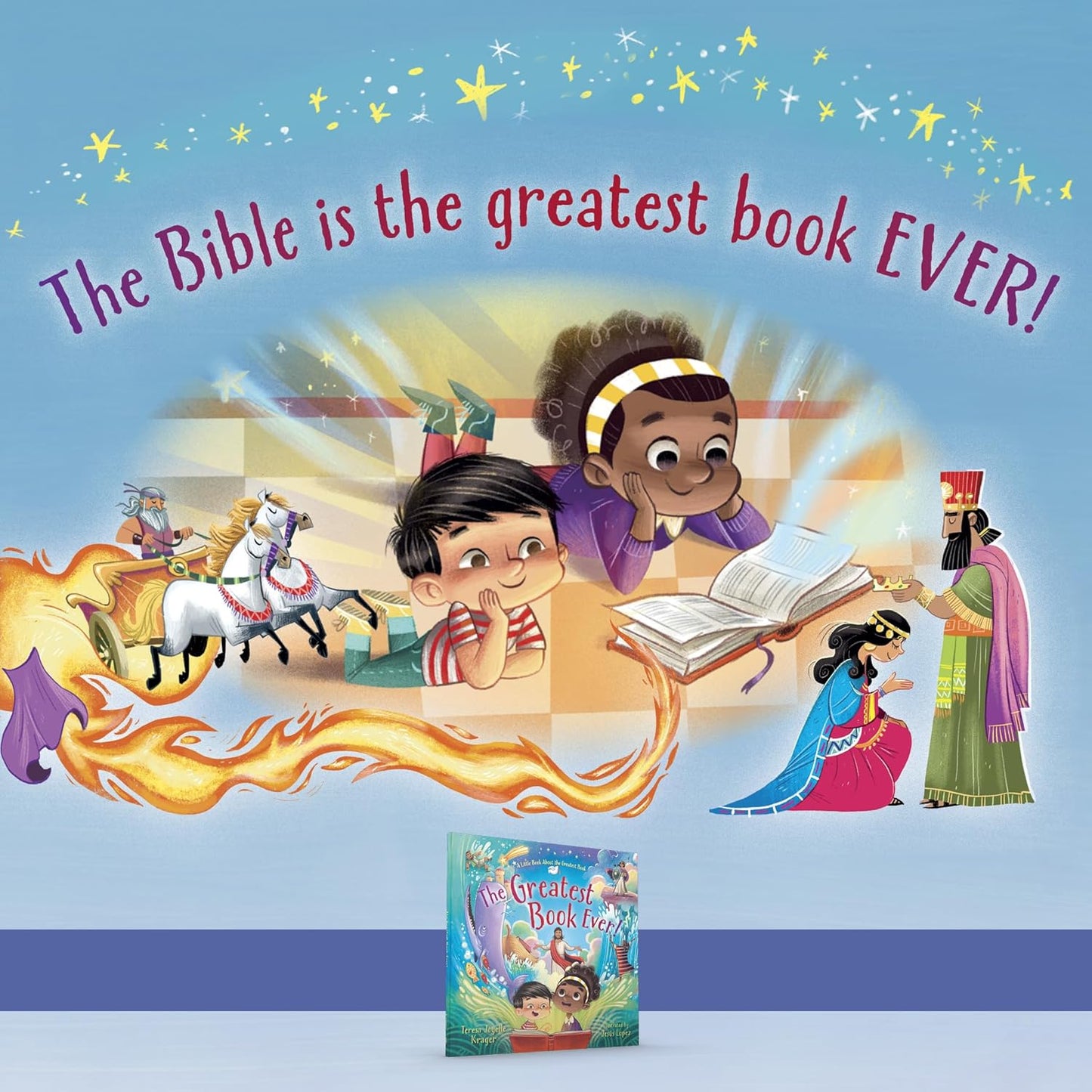 The Greatest Book Ever – Children’s Bible Storybook Hardcover | Ages 4–8
. Illustrated book cover with children reading and a blue background, featuring text 'The Bible is the greatest book EVER!'.