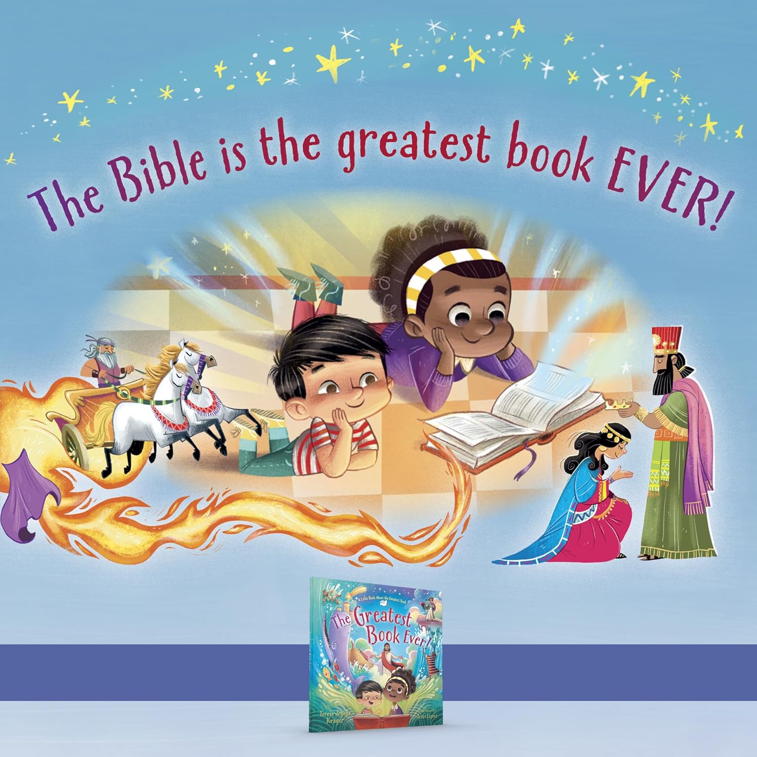 The Greatest Book Ever – Children’s Bible Storybook Hardcover | Ages 4–8
. Illustrated book cover with children reading and a blue background, featuring text 'The Bible is the greatest book EVER!'.