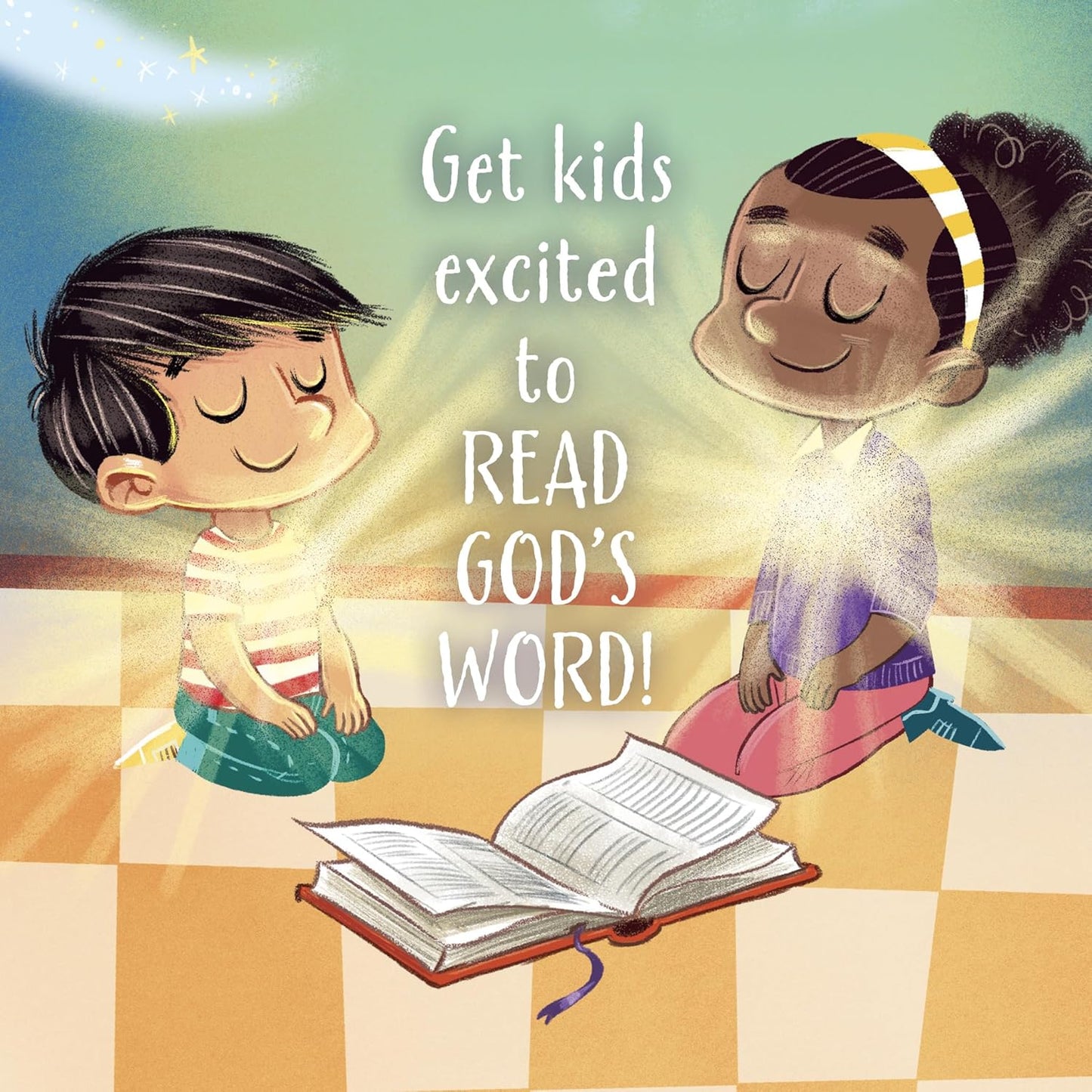 The Greatest Book Ever – Children’s Bible Storybook Hardcover | Ages 4–8. Illustration of two children reading a book with text 'Get kids excited to READ GOD'S WORD!' on a colorful background.