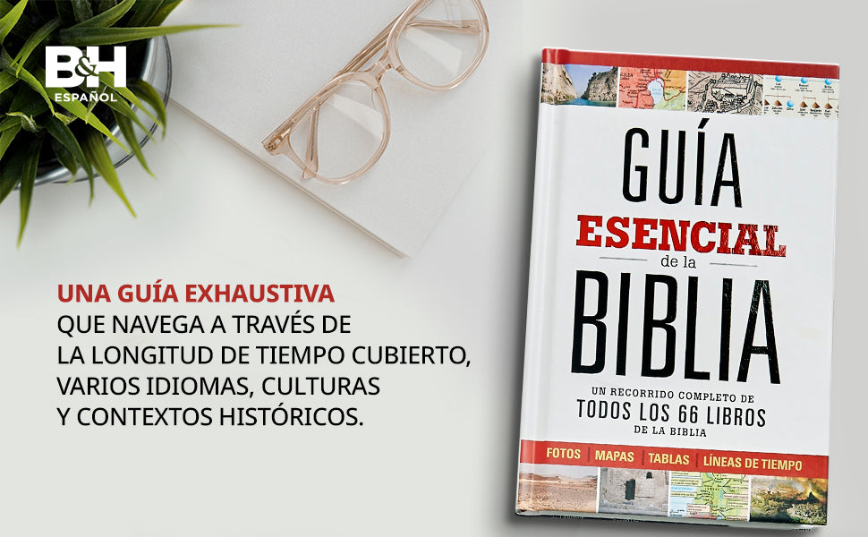 Ultimate Bible Guide (Spanish Edition) – Essential Bible Study & Christian Bible Guide. Book titled 'Guía Esencial de la Biblia' with glasses and plant on a white surface, featuring B&H Español branding.