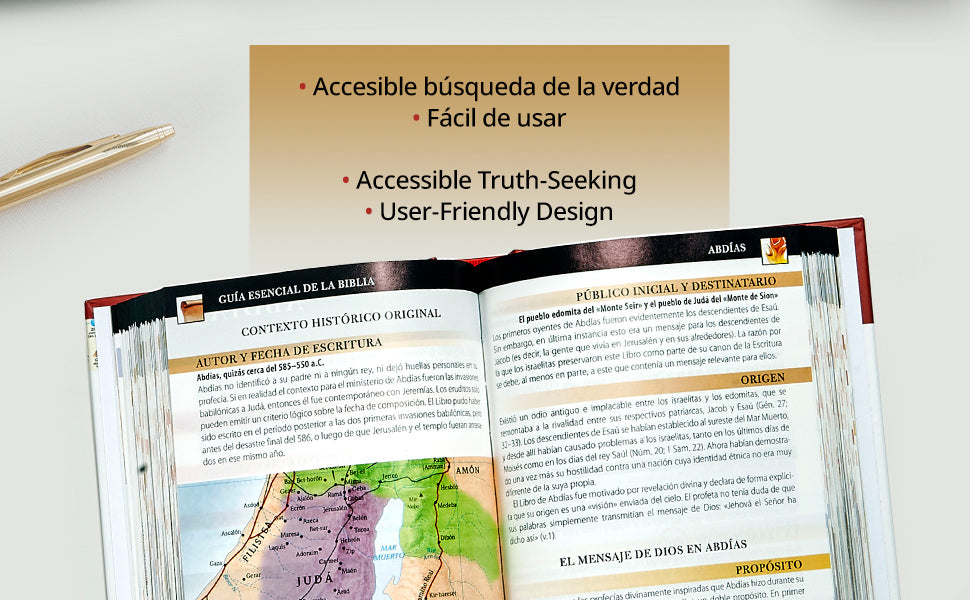 Ultimate Bible Guide (Spanish Edition) – Essential Bible Study & Christian Bible Guide. Open book with text and map on a white background