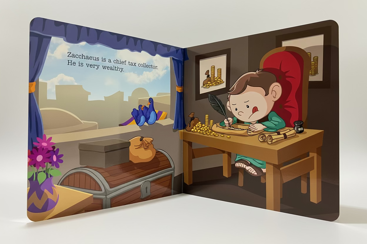Zacchaeus – Little Bible Heroes Board Book – Bible Stories of Faith and Transformation for Kids. Second cover view of Zacchaeus – Little Bible Heroes Christian board book with colorful illustrations for toddlers and kids ages 2–6