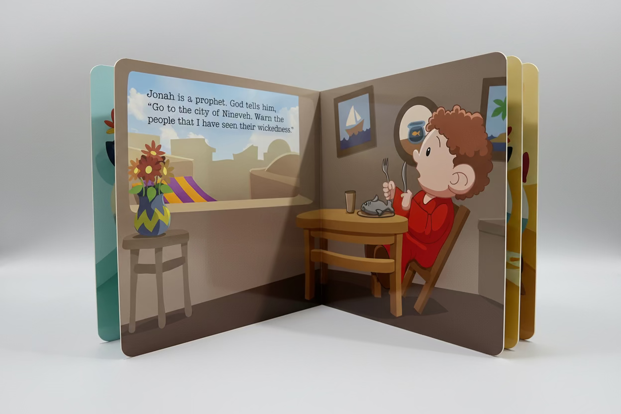 Jonah – Little Bible Heroes Board Book #8 – Bible Stories of Obedience and Forgiveness for Kids. Interior spread of Jonah with illustrated Bible story pages – Christian board book for toddlers ages 0–4 – B&H Kids