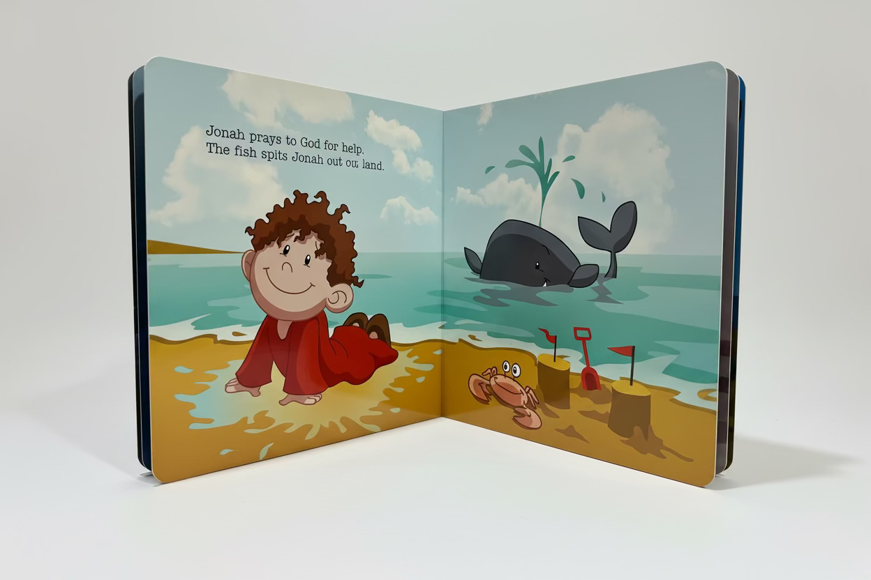 Jonah – Little Bible Heroes Board Book #8 – Bible Stories of Obedience and Forgiveness for Kids. Interior pages of Jonah showing illustrated story of Jonah and the whale – Christian board book for toddlers ages 0–4 – B&H Kids