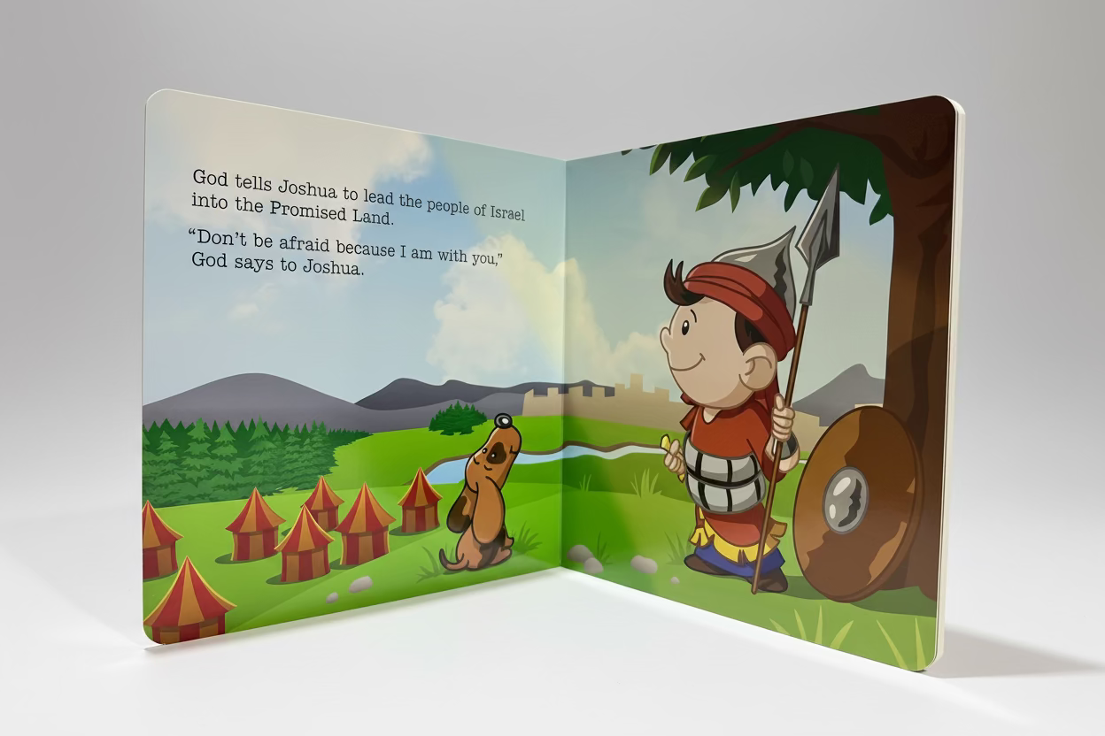 Joshua – Little Bible Heroes Board Book #7 – Bible Stories of Courage and Faith for Kids. Interior pages of Joshua showing illustrated Bible story about Joshua and the walls of Jericho – Christian board book for toddlers ages 0–4 – B&H Kids