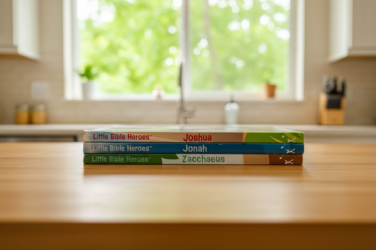 Little Bible Heroes Board Book Bundle – Set of 3 | Courage, Faith, Obedience, Forgiveness & Transformation for Kids. Lifestyle photo of the Little Bible Heroes Board Book Bundle – Set of 3 Christian board books for toddlers ages 0–4 about courage, faith, and transformation