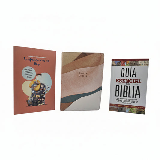 Traveling Bundle – Spanish Edition | Bible, Devotional Journal & Study Guide for On-the-Go Faith. New AI-generated promotional image of the Traveling Bundle Spanish Edition – RVR 1960 Bible, devotional journal, and study guide for on-the-go faith – Spanish Christian gift set for adults by Kairos Creations