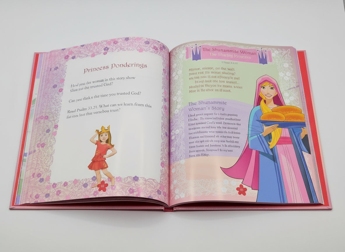 Open book with princess-themed illustrations and text on a white background