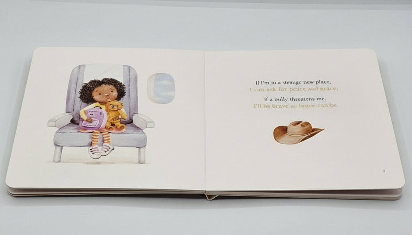 God Takes Care of Me – A Psalm 23 Storybook for Toddlers. Open book with illustrations of a child in an airplane seat and a teddy bear on a plain background