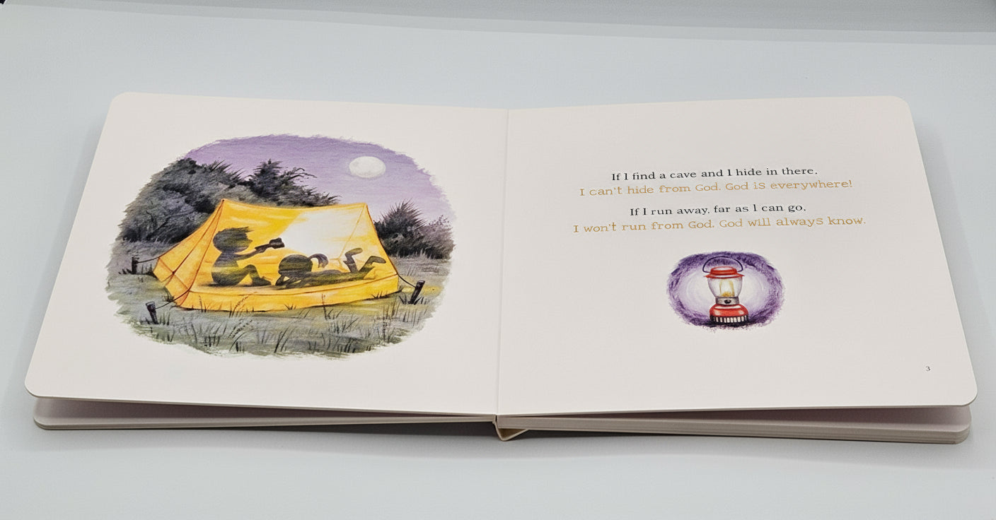 God Is Always with Me – A Psalm 139 Storybook for Toddlers. Open book with illustrations of a yellow tent and a purple star on a white background