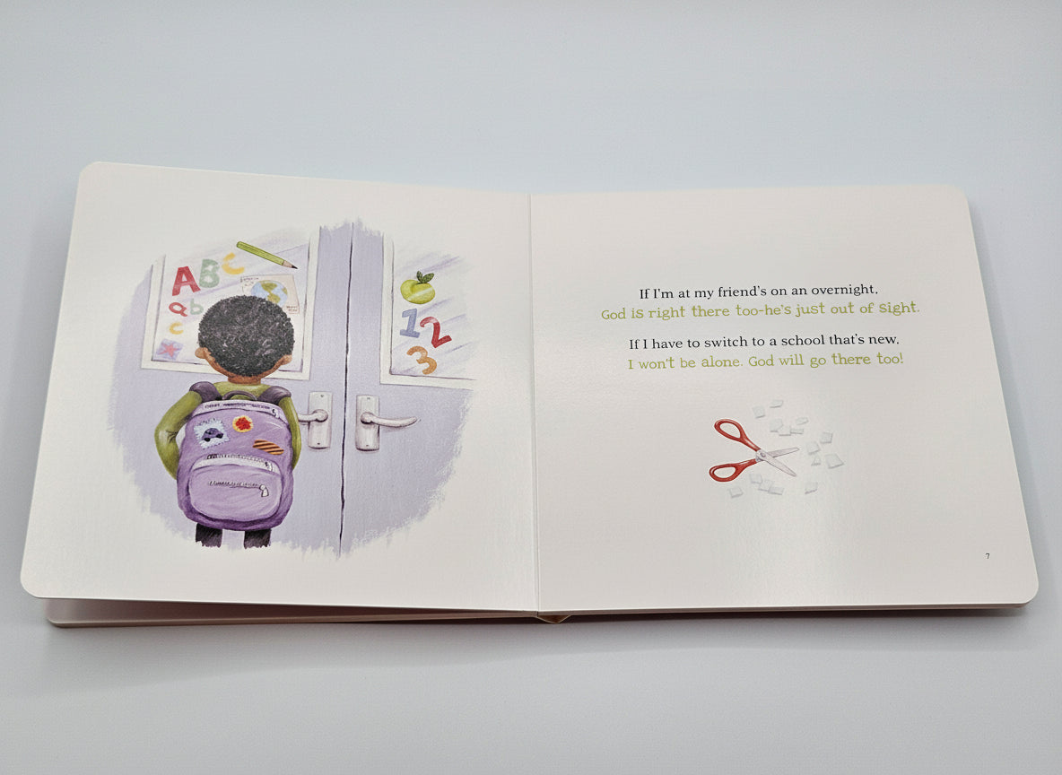 God Is Always with Me – A Psalm 139 Storybook for Toddlers. Open book with illustrations and text on a gray background