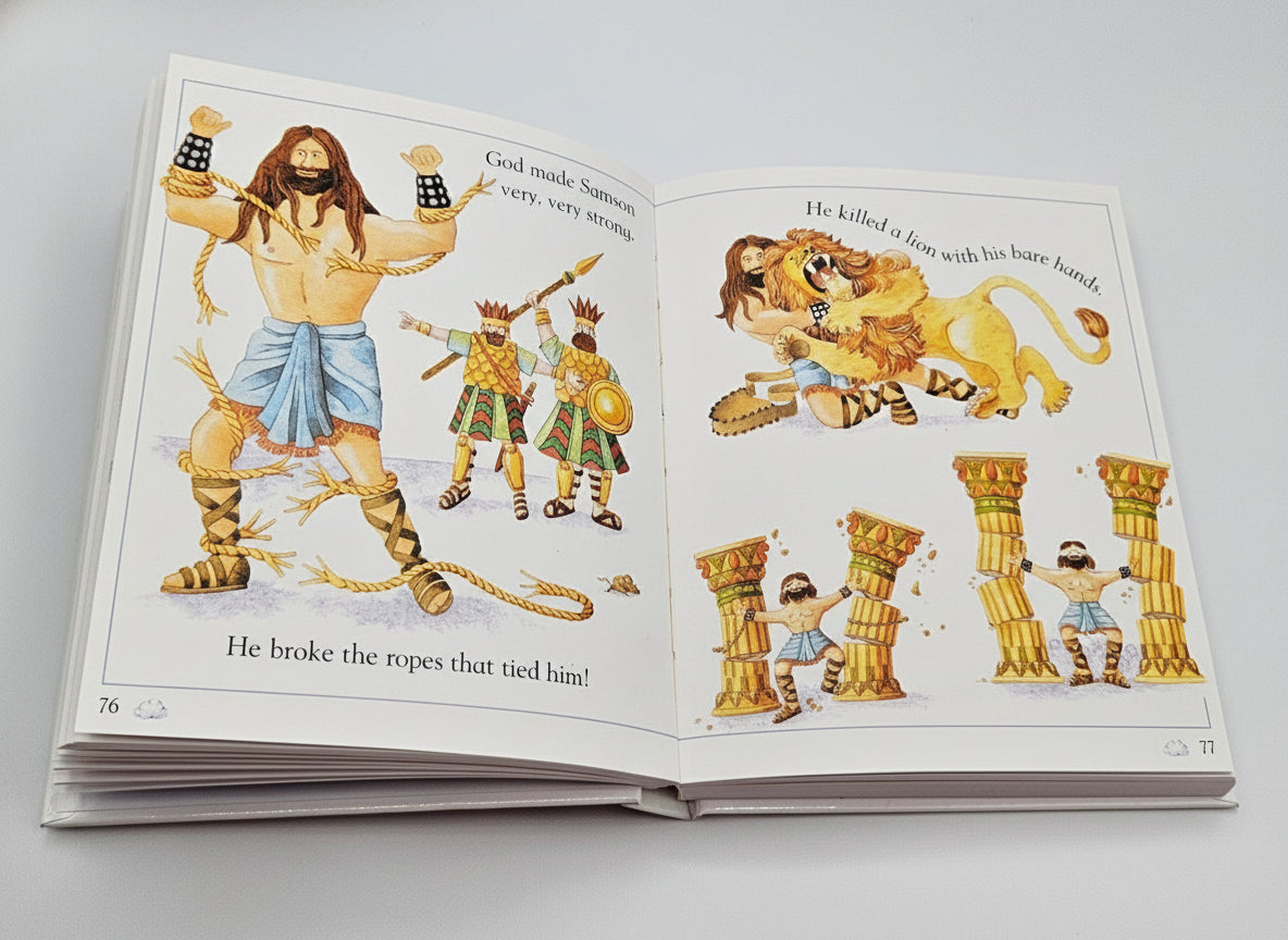 A Child’s First Bible Storybook. Open book with illustrated pages featuring characters on a light gray background