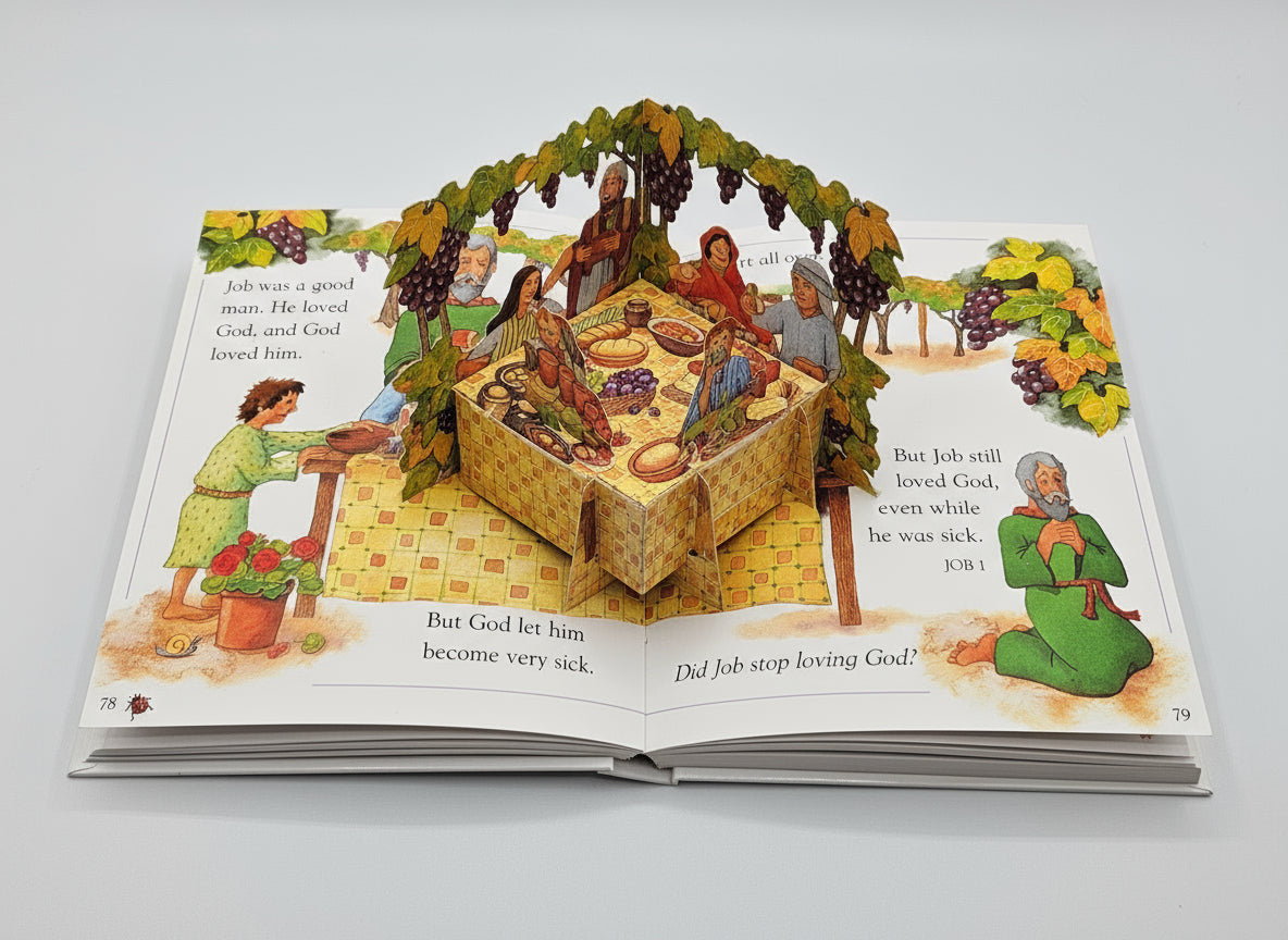 A Child’s First Bible Storybook. Open book with illustrated pages on a gray background