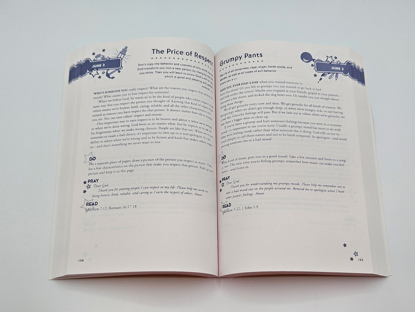 Hands-On Bible Devotions for Kids. Open book with text and illustrations on a white background