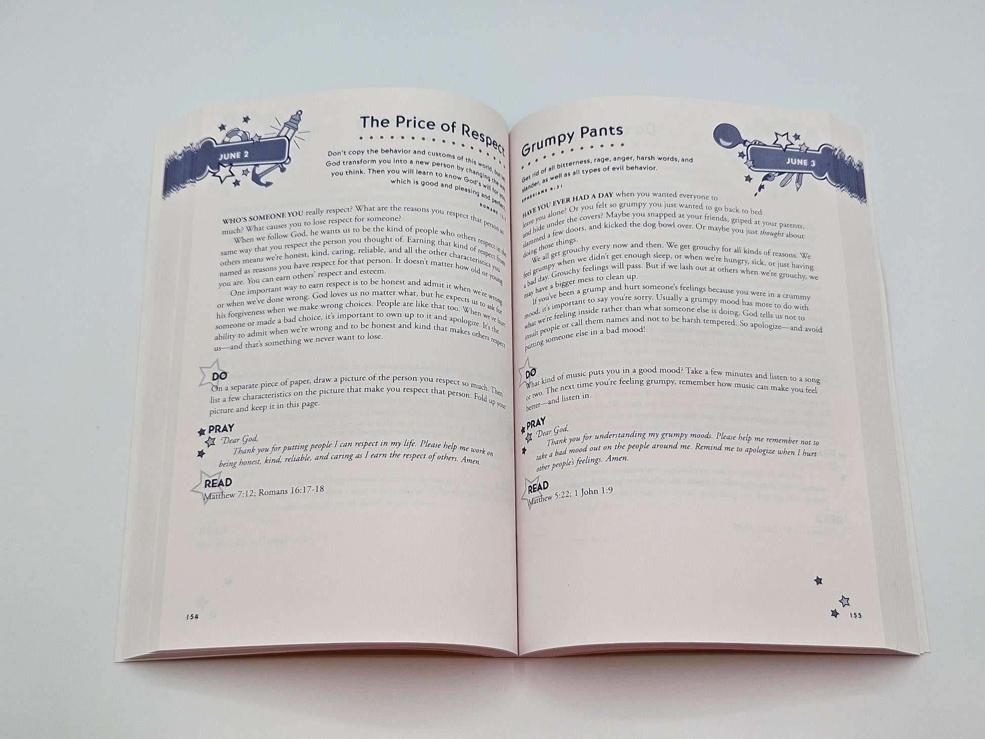 Hands-On Bible Devotions for Kids. Open book with text and illustrations on a white background