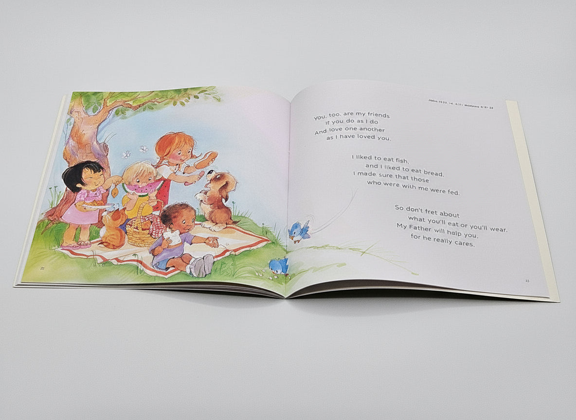 Open Who Is Jesus? book with colorful illustrations on a white background