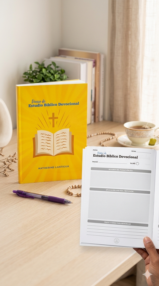 Devotional Bible Study Notebook – Christian Journal for Daily Scripture Reflection, Worship Notes & Spiritual Growth. Yellow devotional book with a white sheet of paper on a table.