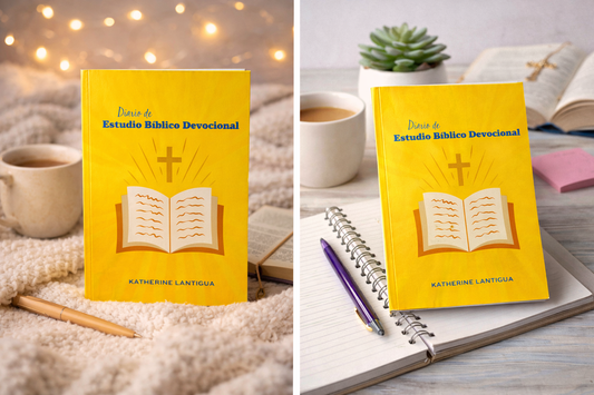 Devotional Bible Study Notebook – Spanish Christian Journal for Daily Scripture Reflection, Worship Notes & Spiritual Growth. Cover detail of the Devotional Bible Study Notebook – Spanish Christian journal with cross and open Bible illustration for daily devotional and worship notes by Kairos Creations