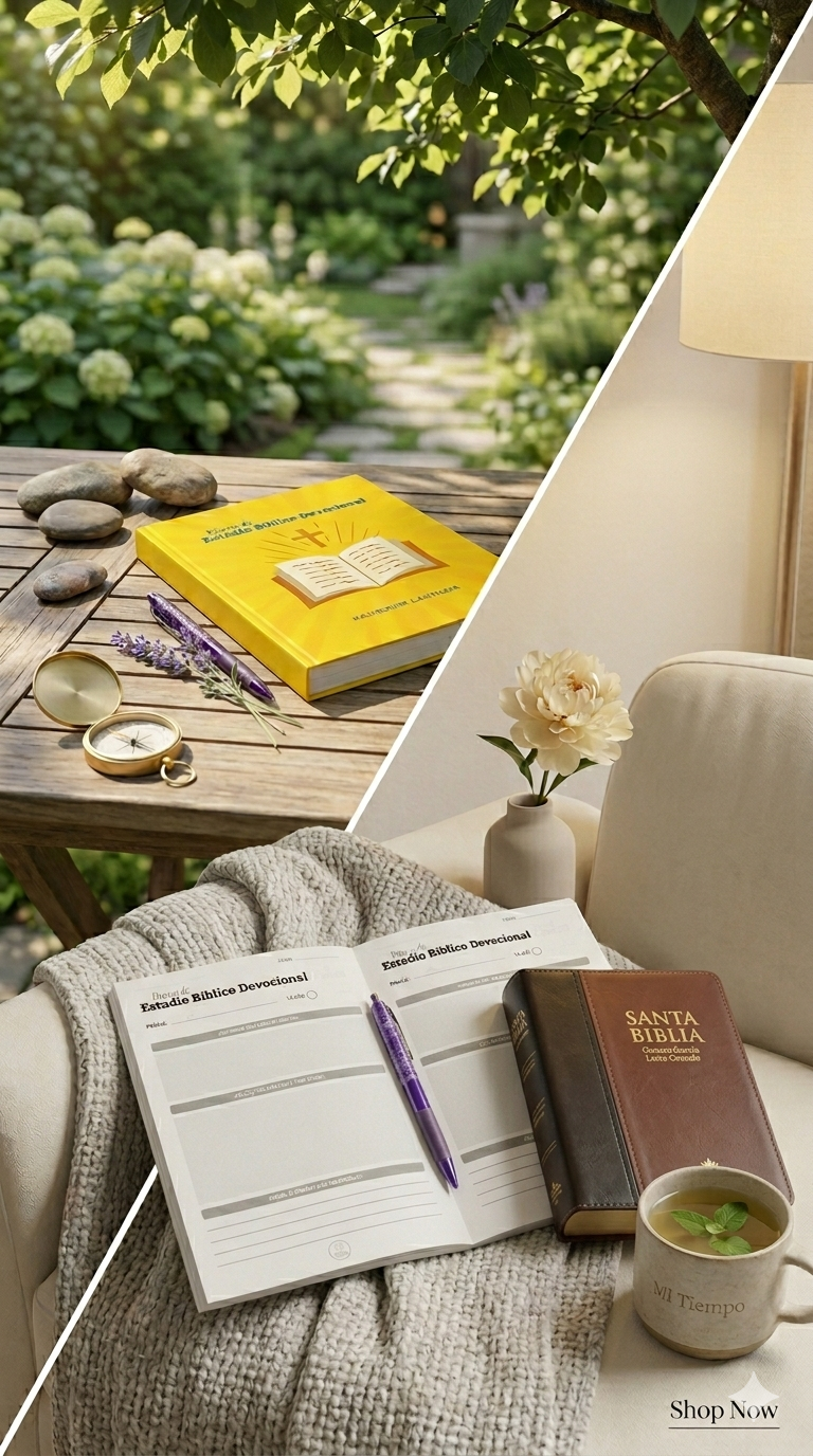 Devotional Bible Study Notebook – Spanish Christian Journal for Daily Scripture Reflection, Worship Notes & Spiritual Growth. Lifestyle photo of the Devotional Bible Study Notebook – Spanish Christian devotional journal for daily Scripture reflection and spiritual growth for believers by Kairos Creations