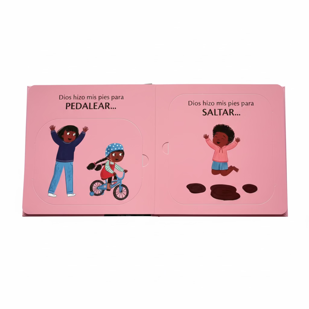 Interior lift-the-flap pages of ¿Para qué son los pies? (What Are Feet For?) – Spanish Christian board book with illustrated children for toddlers ages 2–4