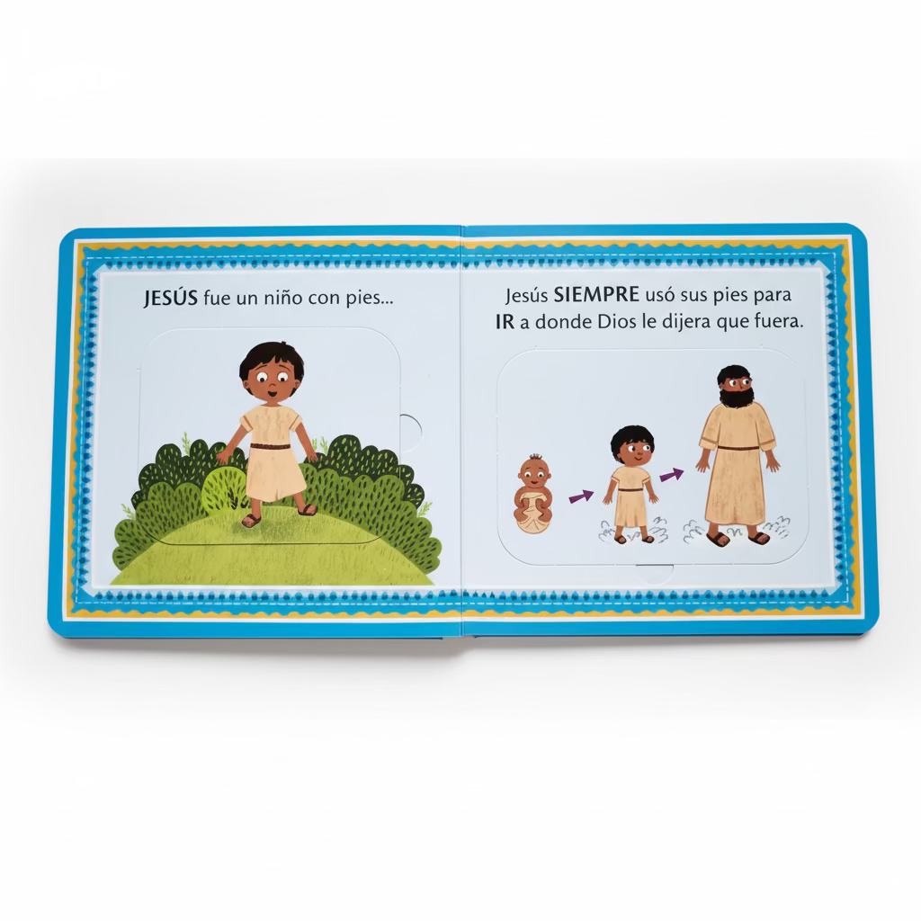 Interior page of ¿Para qué son los pies? – Spanish Christian lift-the-flap board book showing illustrated scene of Jesus walking on water – toddlers ages 2–4