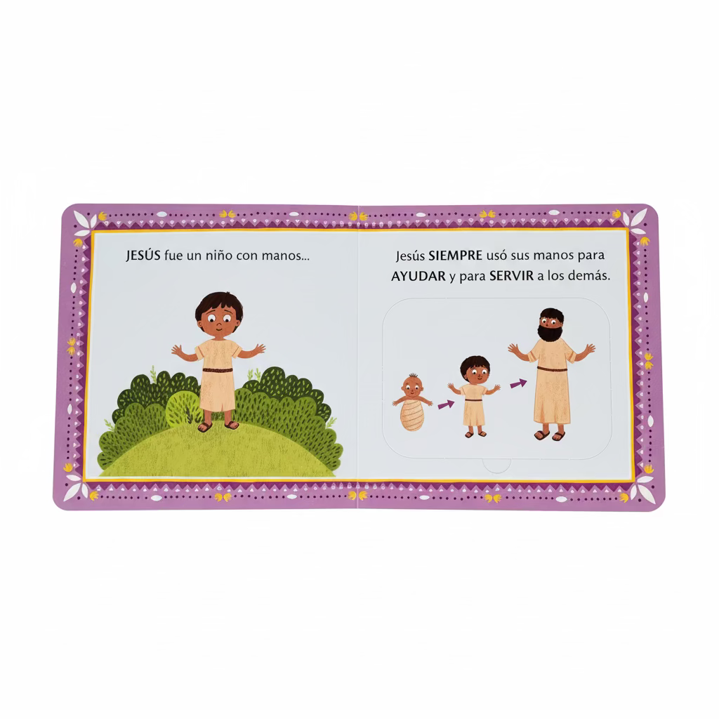 Interior lift-the-flap page of ¿Para qué son las manos? – Training Young Hearts Spanish board book teaching toddlers ages 2–4 to use hands like Jesus
