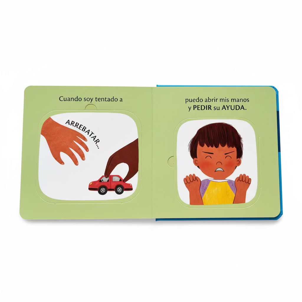 Interior pages of ¿Para qué son las manos? (What Are Hands For?) – Spanish Christian lift-the-flap board book with hand illustrations for toddlers ages 2–4