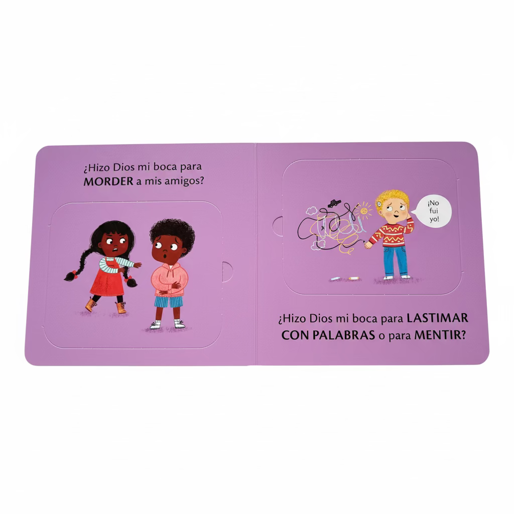 Interior pages of ¿Para qué son las bocas? – Training Young Hearts Spanish Christian lift-the-flap board book with illustrated children for toddlers ages 2–4