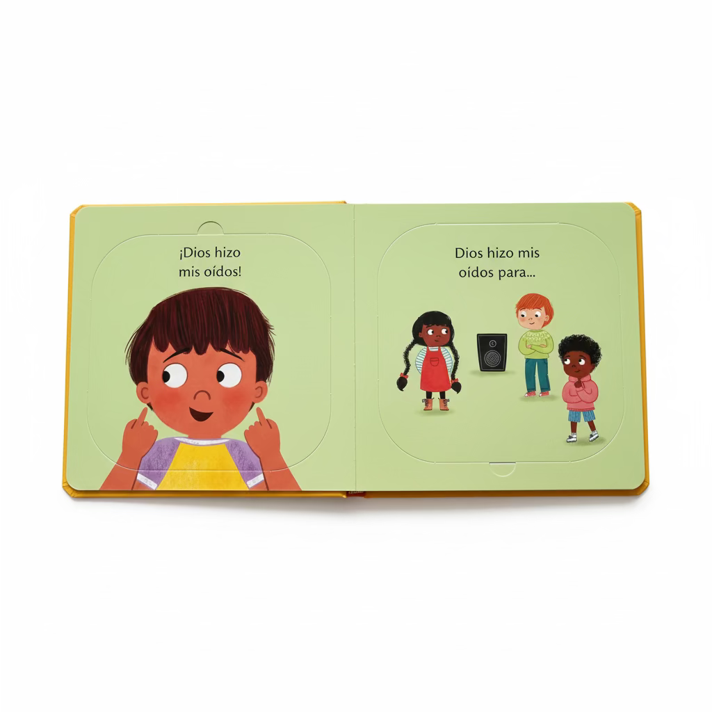 Interior spread of ¿Para qué son los oídos? (What Are Ears For?) – Spanish Christian lift-the-flap board book showing children listening – toddlers ages 2–4