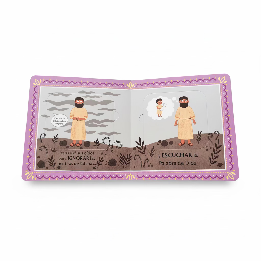 Interior page of ¿Para qué son los oídos? – Training Young Hearts Spanish Christian lift-the-flap board book for toddlers ages 2–4 – Tyndale
