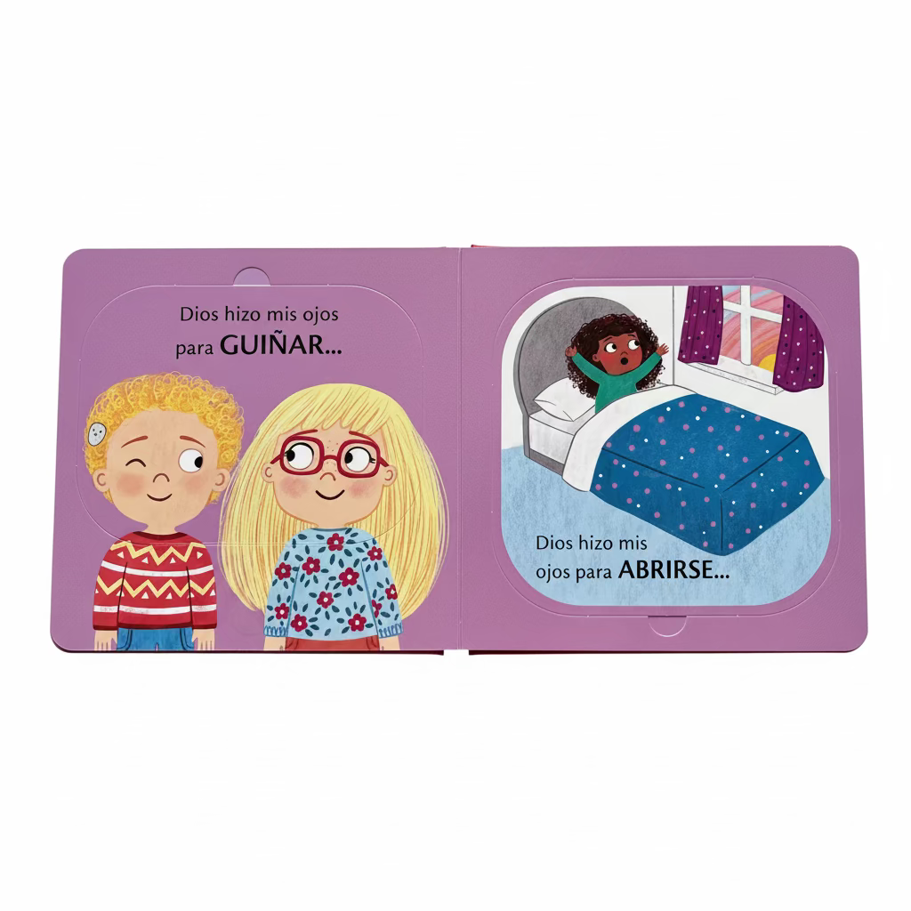 Interior pages of ¿Para qué son los ojos? – Training Young Hearts Spanish Christian lift-the-flap board book with illustrated children for toddlers ages 2–4