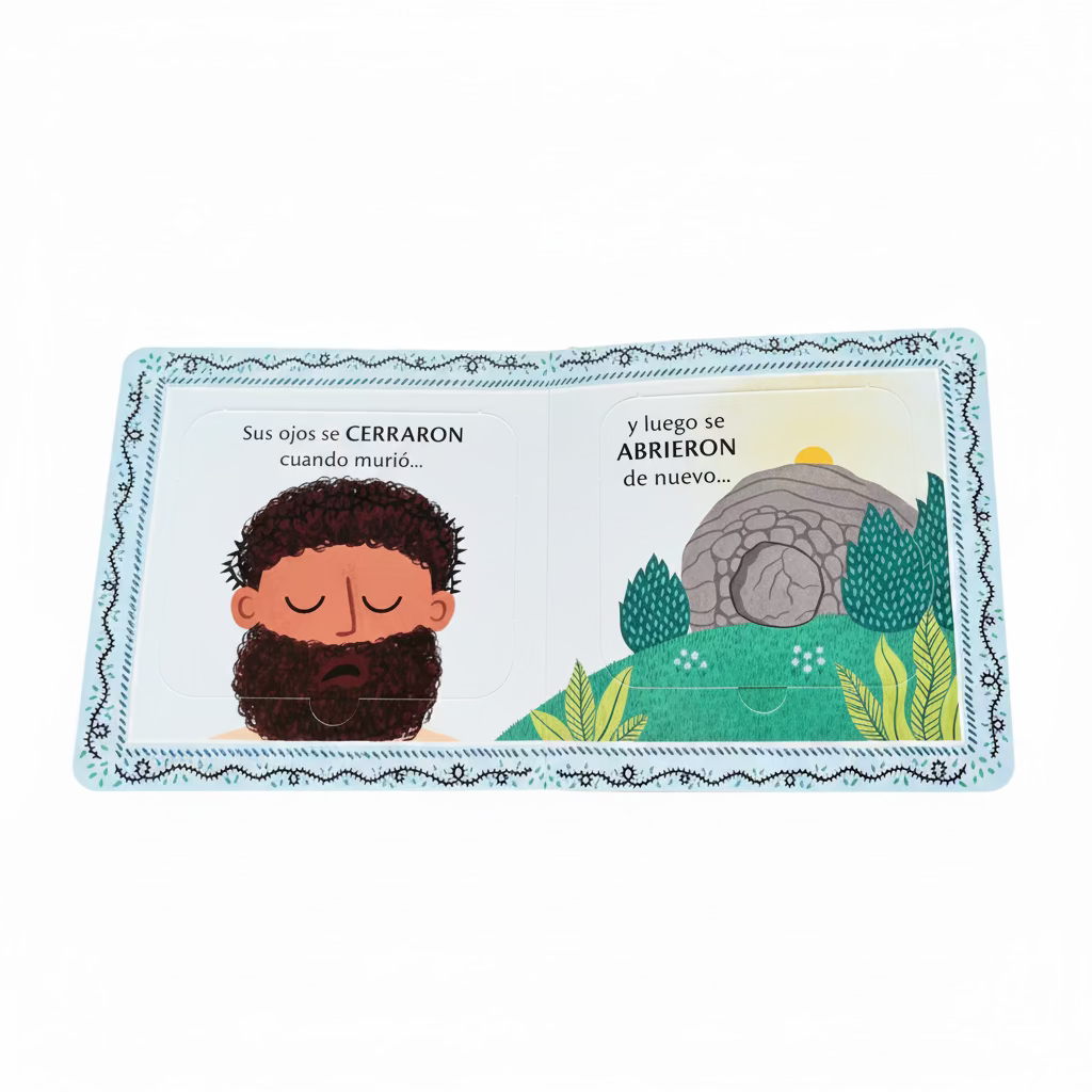 Interior lift-the-flap page of ¿Para qué son los ojos? – Spanish Christian board book teaching toddlers ages 2–4 to see others through Jesus' eyes