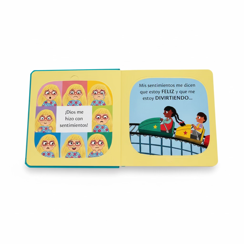 Interior pages of ¿Para qué son los sentimientos? (What Are Feelings For?) – Spanish Christian lift-the-flap board book with colorful illustrations for toddlers ages 2–4