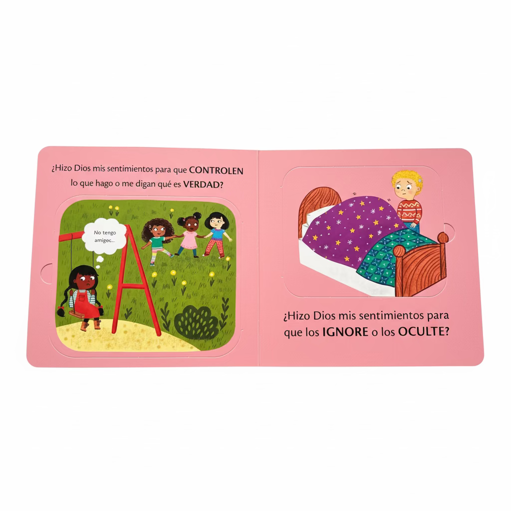 Interior spread of ¿Para qué son los sentimientos? – Training Young Hearts Spanish Christian board book showing illustrated feelings for toddlers ages 2–4