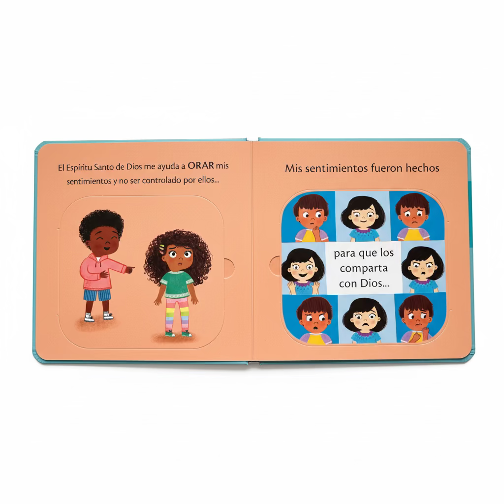 Interior lift-the-flap page of ¿Para qué son los sentimientos? – Spanish Christian board book teaching toddlers ages 2–4 about emotions and God's Word