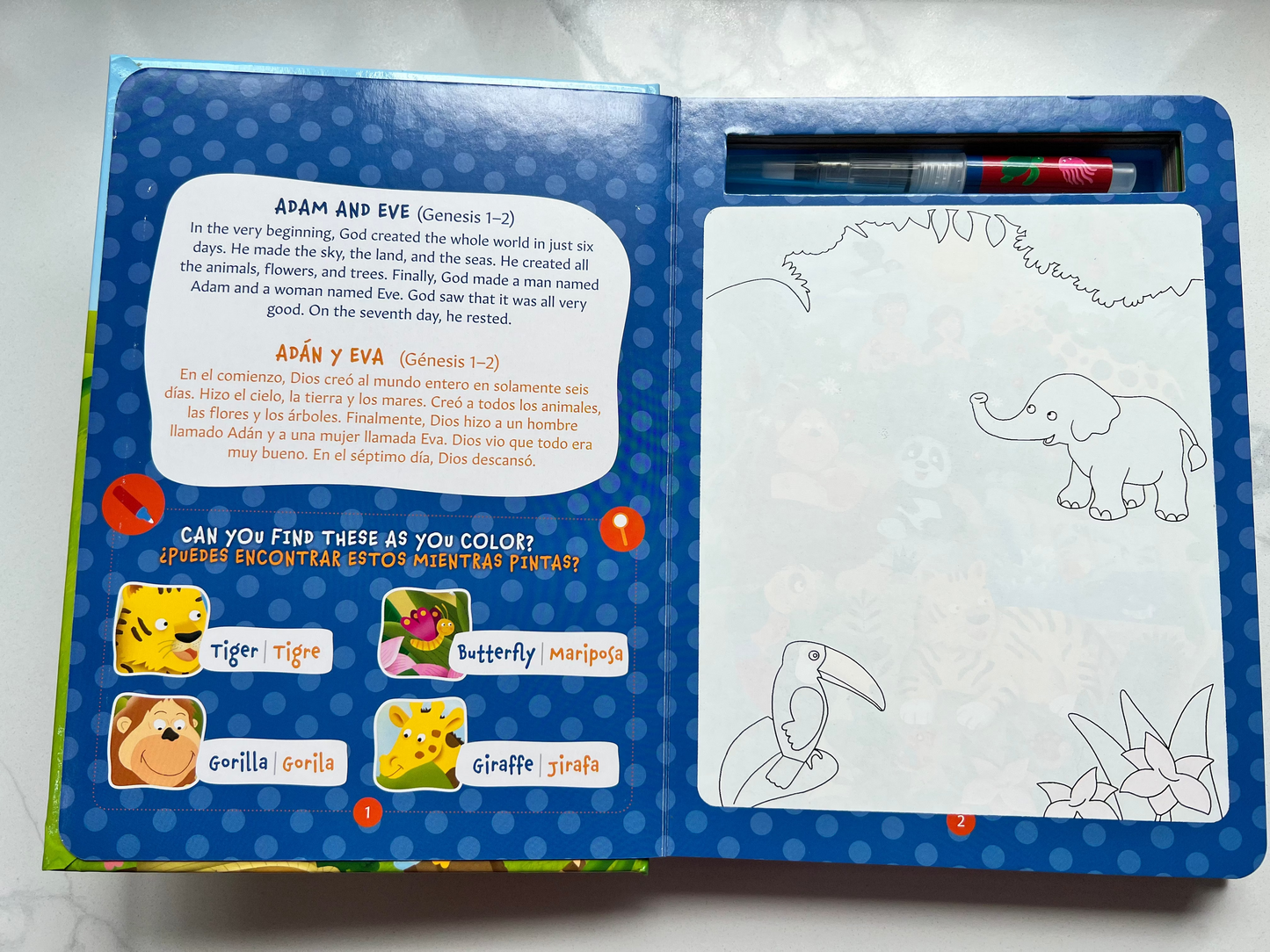 Water Doodle Bible – Biblia para Pintar con Agua – bilingual English and Spanish activity Bible for kids ages 3–7 showing water-drawing coloring pages